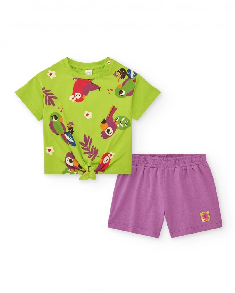 COMPLETO 2PZ T-SHIRT CON PAPPAGALLI E SHORTS VIOLA - TUC TUC