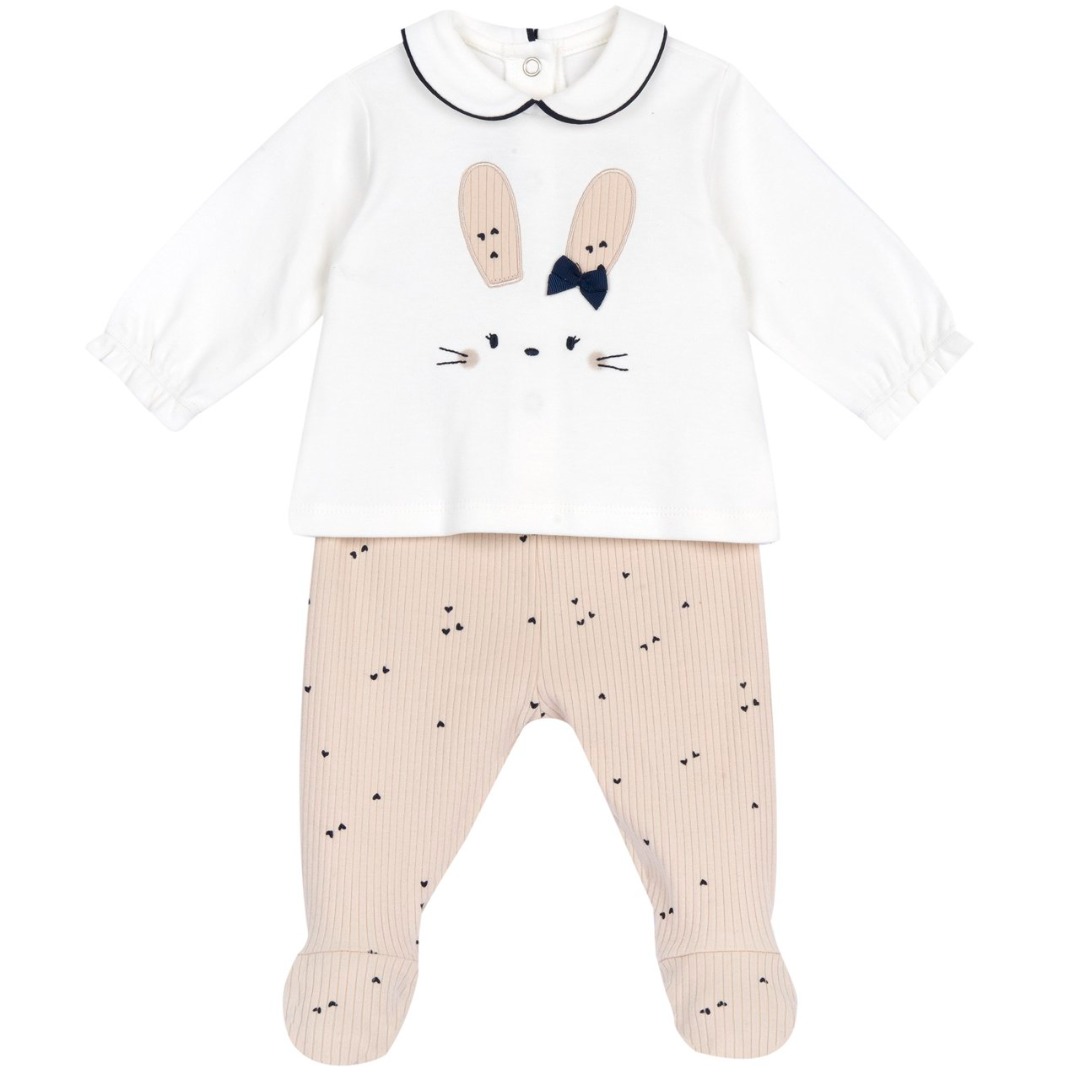 COMPLETO MAGLIA M/L B.CA E PANTALONE LUNGO COSTINE BEIGE - Chicco