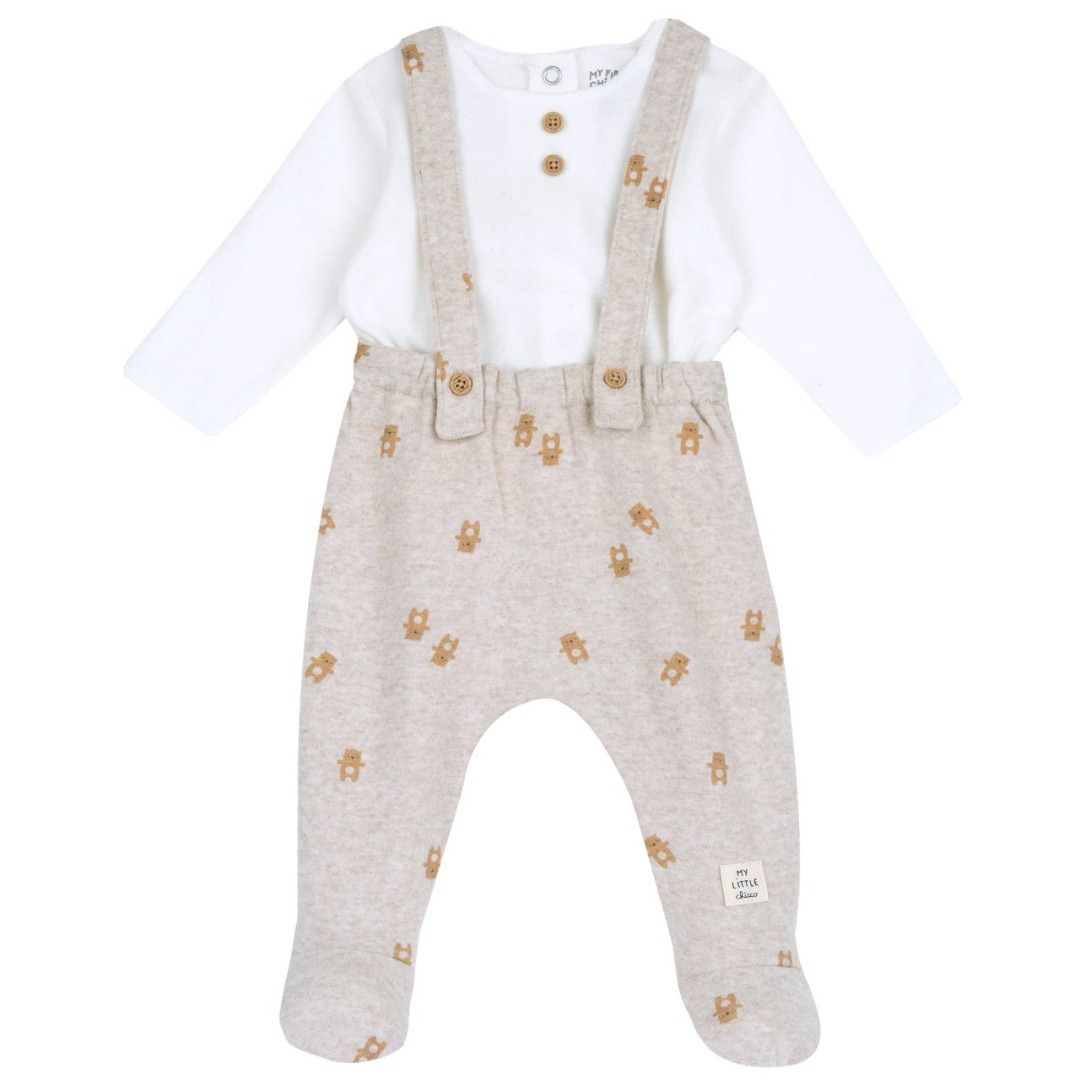 COMPLETO MAGLIA M/L B.CA CON SALOPETTE BEIGE CON ORSETTI - Chicco