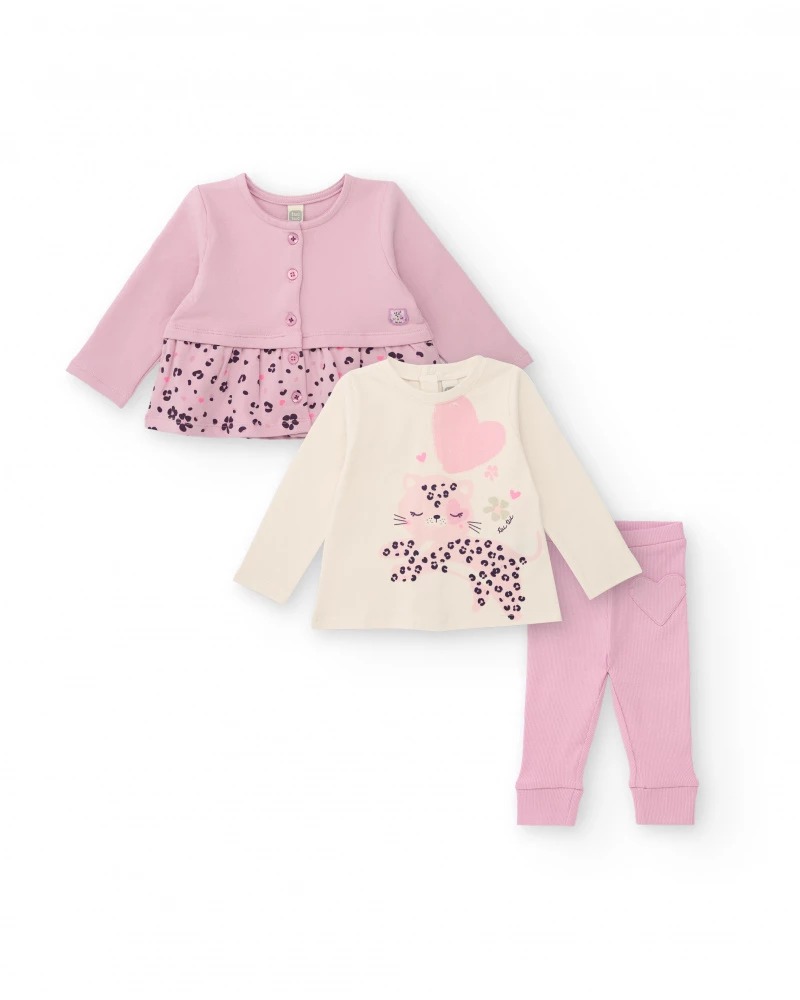 COMPLETO 3pz ROSA CON STAMPA LEOPARDATA E CUORI - Tuc tuc