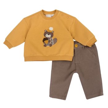 COMPLETO FELPA GIALLA con CASTORO E PANTALONE MARRONE - Chicco