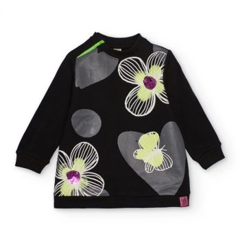 VESTITO FELPATO NERO CON FIORI E PAILETTES - Tuc tuc