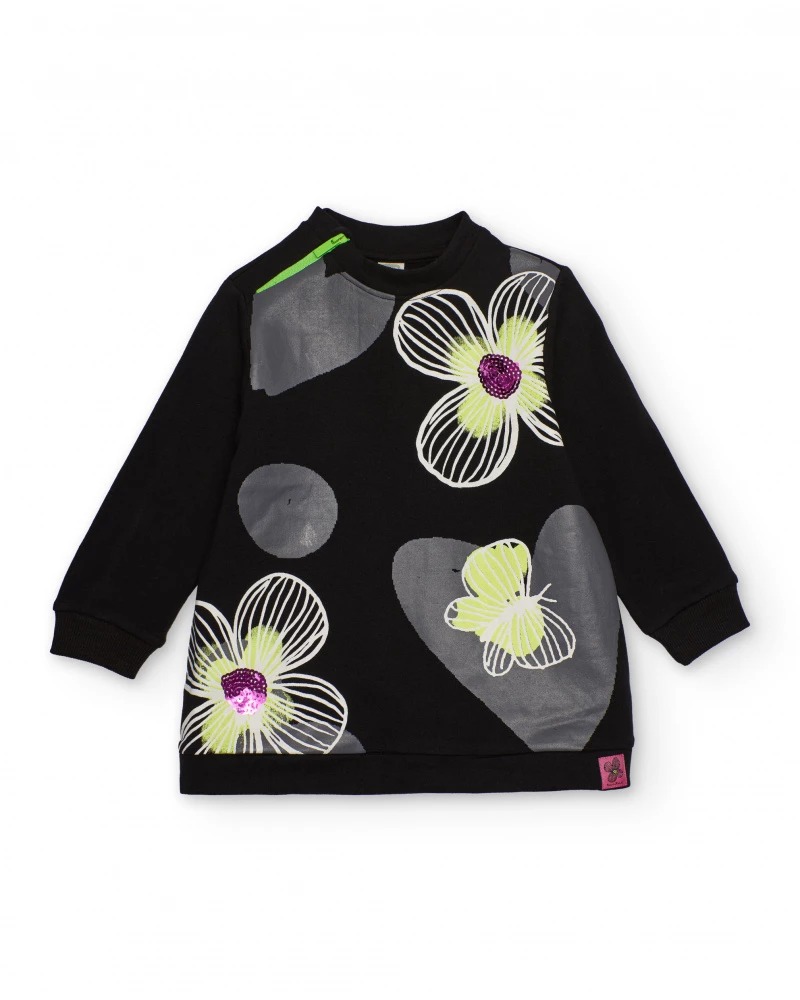VESTITO FELPATO NERO CON FIORI E PAILETTES - Tuc tuc