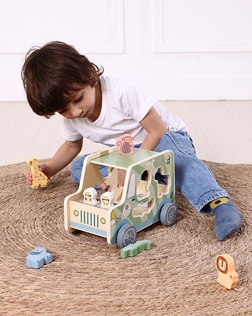 Gioco a Incastro in Legno, Jeep con Animali - Tooky Toy - immagine 2
