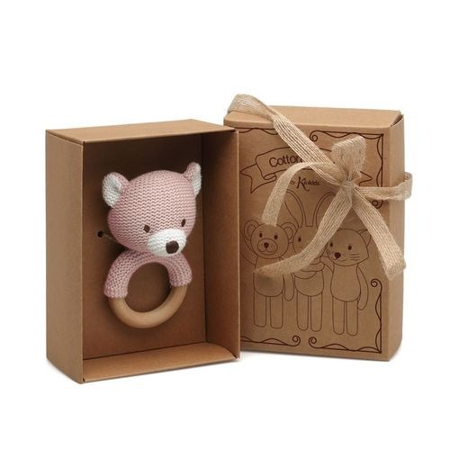 Orsetto Colarato Massaggiagengive e Sonaglio in Cotone e Legno - Kiokids